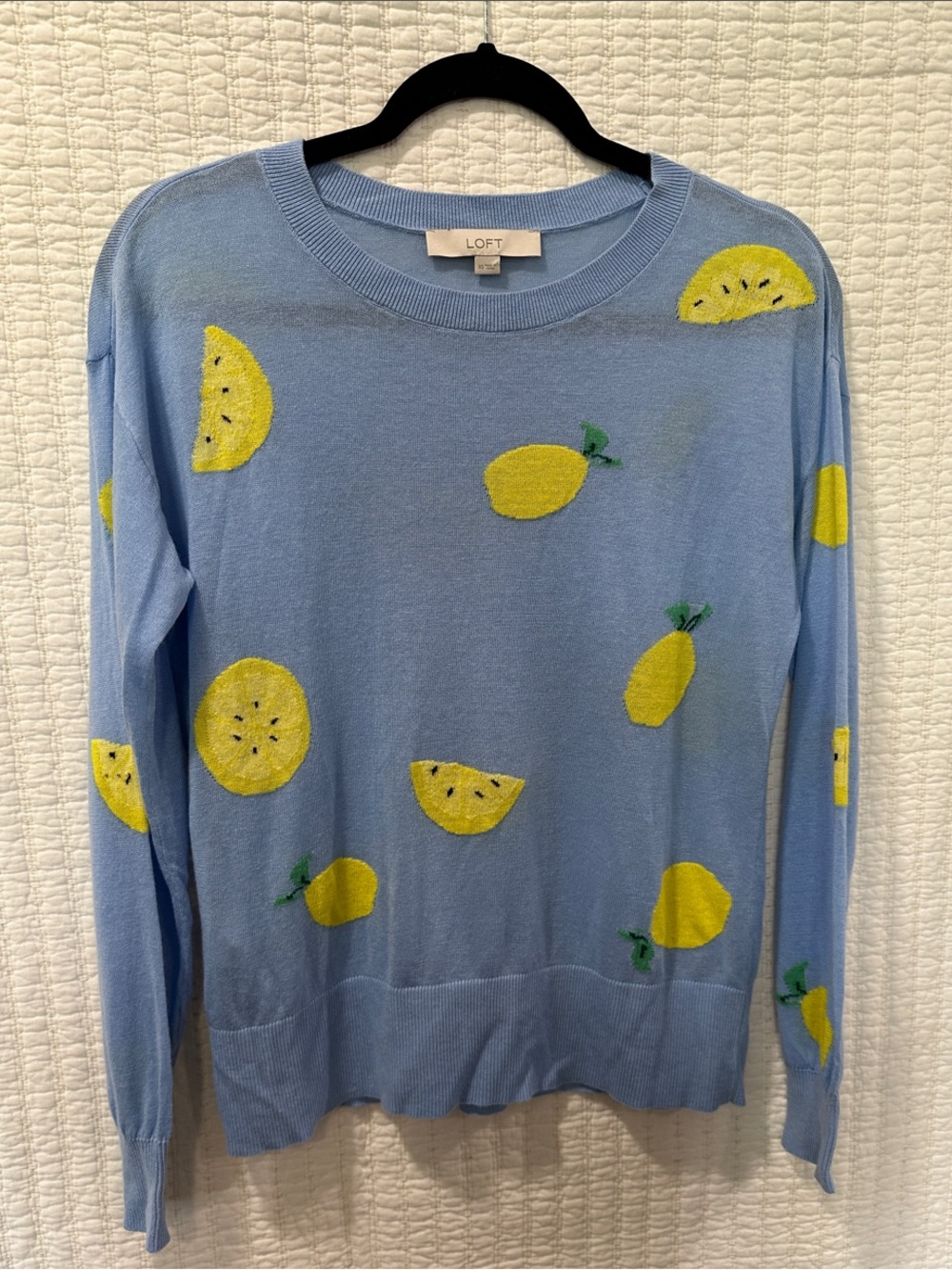 LOFT Light Blue Crewneck Sheer Sweater with Yellow Lemon Pattern